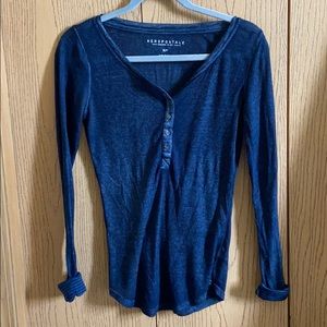 Long sleeve navy blue henley tee.